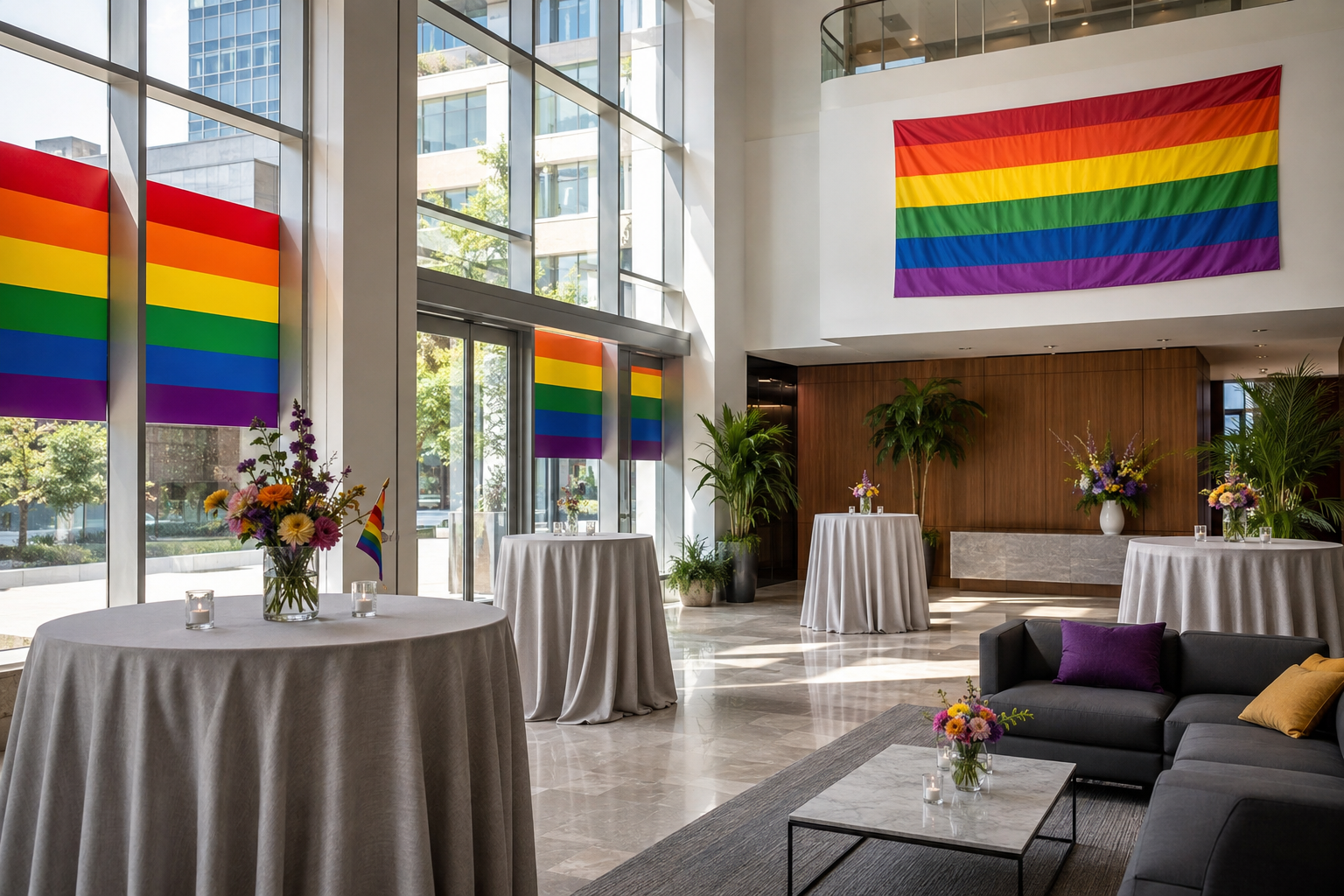 Contemporary corporate event space with seating, cocktail tables and rainbow Pride accents