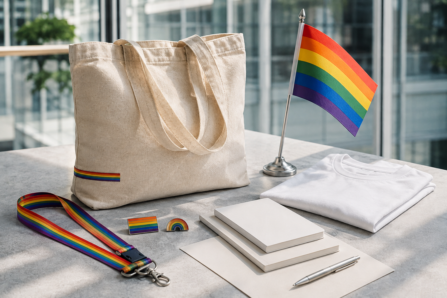 A curated workplace Pride kit with a canvas tote, rainbow pins, apparel and a desk flag